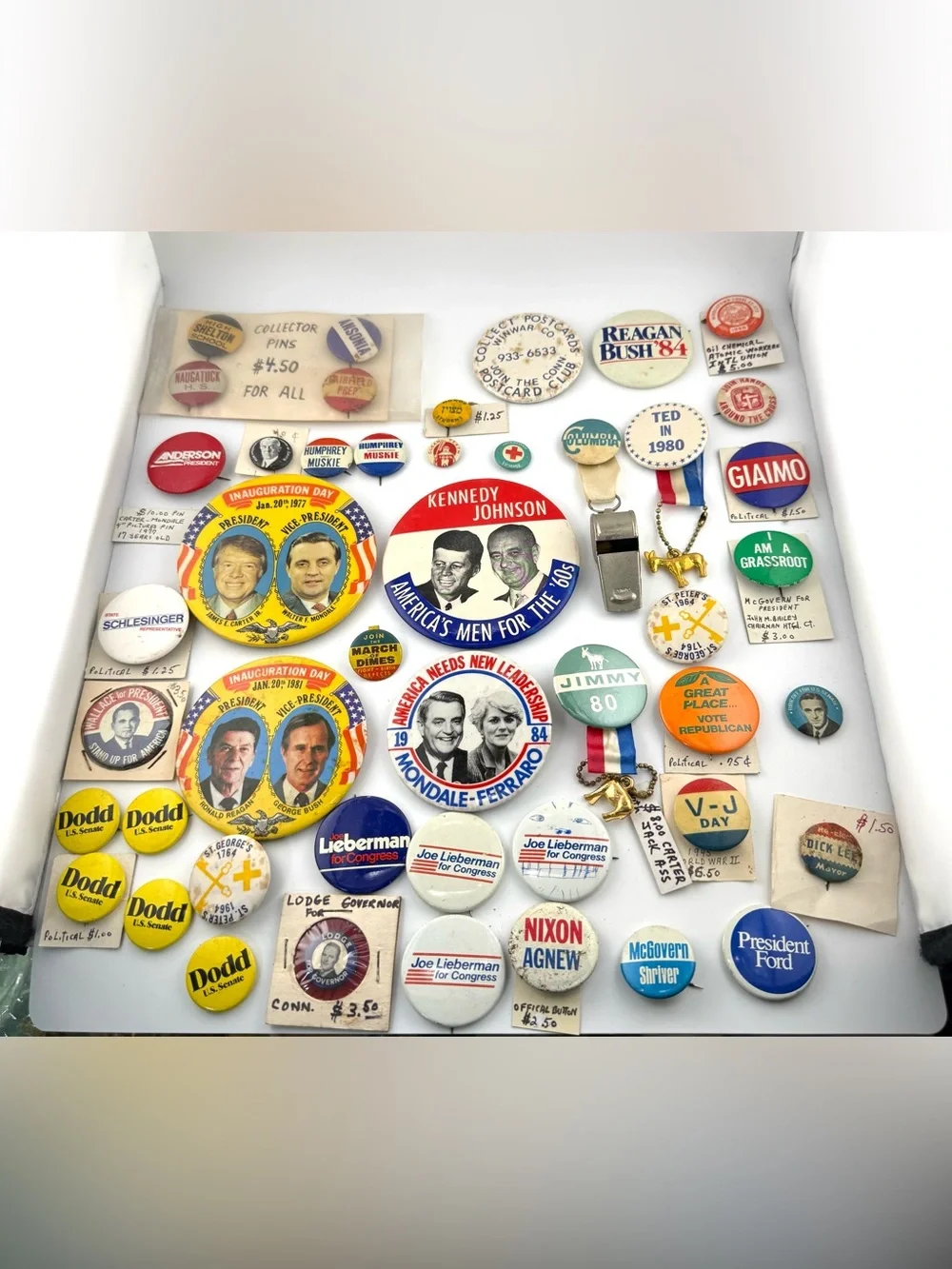 Vintage Political Campaign Button Lot 45+ Pins JFK Reagan Nixon Lieberman Dodd